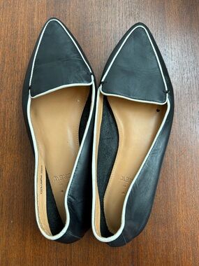 J. Crew black pointed toe flats with white trim, size 9